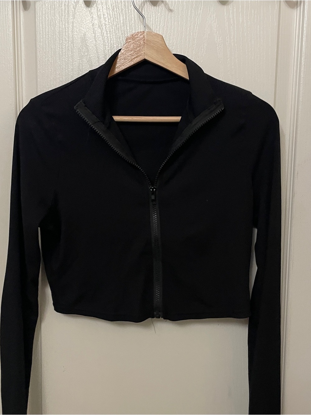 Cropped Long-Sleeve Zip Sweater- Black